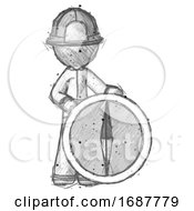 Poster, Art Print Of Sketch Firefighter Fireman Man Standing Beside Large Compass