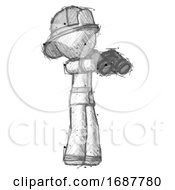 Poster, Art Print Of Sketch Firefighter Fireman Man Holding Binoculars Ready To Look Right