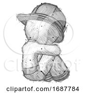 Poster, Art Print Of Sketch Firefighter Fireman Man Sitting With Head Down Back View Facing Right