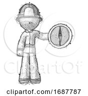 Poster, Art Print Of Sketch Firefighter Fireman Man Holding A Large Compass