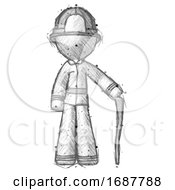 Poster, Art Print Of Sketch Firefighter Fireman Man Standing With Hiking Stick