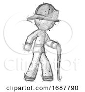 Poster, Art Print Of Sketch Firefighter Fireman Man Walking With Hiking Stick
