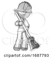 Poster, Art Print Of Sketch Firefighter Fireman Man Sweeping Area With Broom