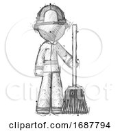 Poster, Art Print Of Sketch Firefighter Fireman Man Standing With Broom Cleaning Services