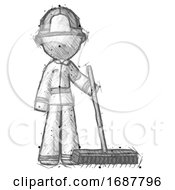 Poster, Art Print Of Sketch Firefighter Fireman Man Standing With Industrial Broom