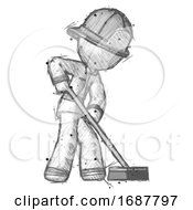 Poster, Art Print Of Sketch Firefighter Fireman Man Cleaning Services Janitor Sweeping Side View