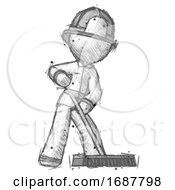 Poster, Art Print Of Sketch Firefighter Fireman Man Cleaning Services Janitor Sweeping Floor With Push Broom