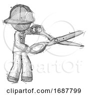 Poster, Art Print Of Sketch Firefighter Fireman Man Holding Giant Scissors Cutting Out Something