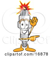 Spark Plug Mascot Cartoon Character Waving And Pointing To The Right