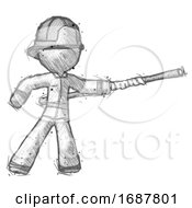 Poster, Art Print Of Sketch Firefighter Fireman Man Bo Staff Pointing Right Kung Fu Pose