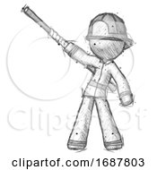 Poster, Art Print Of Sketch Firefighter Fireman Man Bo Staff Pointing Up Pose