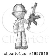 Poster, Art Print Of Sketch Firefighter Fireman Man Holding Automatic Gun