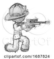 Poster, Art Print Of Sketch Firefighter Fireman Man Kneeling Shooting Sniper Rifle