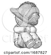 Poster, Art Print Of Sketch Firefighter Fireman Man Sitting With Head Down Facing Angle Right