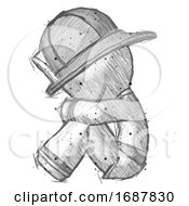 Poster, Art Print Of Sketch Firefighter Fireman Man Sitting With Head Down Facing Sideways Left