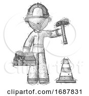 Poster, Art Print Of Sketch Firefighter Fireman Man Under Construction Concept Traffic Cone And Tools