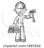 Poster, Art Print Of Sketch Firefighter Fireman Man Holding Tools And Toolchest Ready To Work