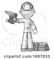 Poster, Art Print Of Sketch Firefighter Fireman Man Holding Drill Ready To Work Toolchest And Tools To Right