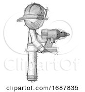 Poster, Art Print Of Sketch Firefighter Fireman Man Using Drill Drilling Something On Right Side