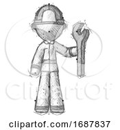 Poster, Art Print Of Sketch Firefighter Fireman Man Holding Wrench Ready To Repair Or Work