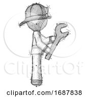 Poster, Art Print Of Sketch Firefighter Fireman Man Using Wrench Adjusting Something To Right