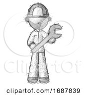 Poster, Art Print Of Sketch Firefighter Fireman Man Holding Large Wrench With Both Hands