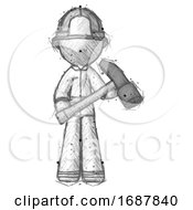 Poster, Art Print Of Sketch Firefighter Fireman Man Holding Hammer Ready To Work