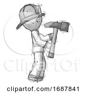 Poster, Art Print Of Sketch Firefighter Fireman Man Hammering Something On The Right