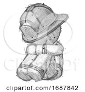 Poster, Art Print Of Sketch Firefighter Fireman Man Sitting With Head Down Facing Angle Left