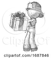 Poster, Art Print Of Sketch Firefighter Fireman Man Presenting A Present With Large Bow On It