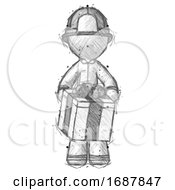 Poster, Art Print Of Sketch Firefighter Fireman Man Gifting Present With Large Bow Front View