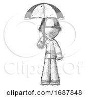 Poster, Art Print Of Sketch Firefighter Fireman Man Holding Umbrella