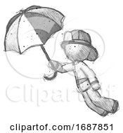 Poster, Art Print Of Sketch Firefighter Fireman Man Flying With Umbrella