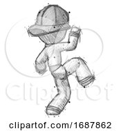 Poster, Art Print Of Sketch Firefighter Fireman Man Kick Pose Start