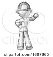 Poster, Art Print Of Sketch Firefighter Fireman Man Waving Left Arm With Hand On Hip