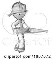 Poster, Art Print Of Sketch Firefighter Fireman Man Walking With Large Thermometer