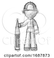 Poster, Art Print Of Sketch Firefighter Fireman Man Standing With Large Thermometer