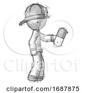 Poster, Art Print Of Sketch Firefighter Fireman Man Holding Pill Walking To Right