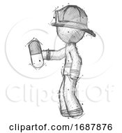 Poster, Art Print Of Sketch Firefighter Fireman Man Holding Pill Walking To Left