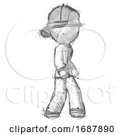 Poster, Art Print Of Sketch Firefighter Fireman Man Walking Turned Right Front View