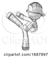 Poster, Art Print Of Sketch Firefighter Fireman Man Ninja Kick Left