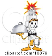 Spark Plug Mascot Cartoon Character Waiting Tables And Serving A Dinner Platter
