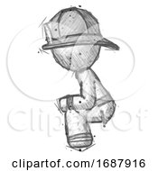 Poster, Art Print Of Sketch Firefighter Fireman Man Squatting Facing Left