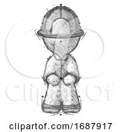 Poster, Art Print Of Sketch Firefighter Fireman Man Squatting Facing Front