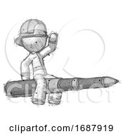 Poster, Art Print Of Sketch Firefighter Fireman Man Riding A Pen Like A Giant Rocket