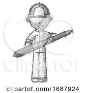 Poster, Art Print Of Sketch Firefighter Fireman Man Posing Confidently With Giant Pen