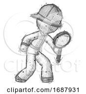 Poster, Art Print Of Sketch Firefighter Fireman Man Inspecting With Large Magnifying Glass Right