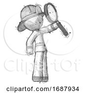 Poster, Art Print Of Sketch Firefighter Fireman Man Inspecting With Large Magnifying Glass Facing Up
