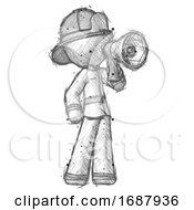 Poster, Art Print Of Sketch Firefighter Fireman Man Shouting Into Megaphone Bullhorn Facing Right