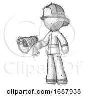 Poster, Art Print Of Sketch Firefighter Fireman Man Holding Megaphone Bullhorn Facing Right